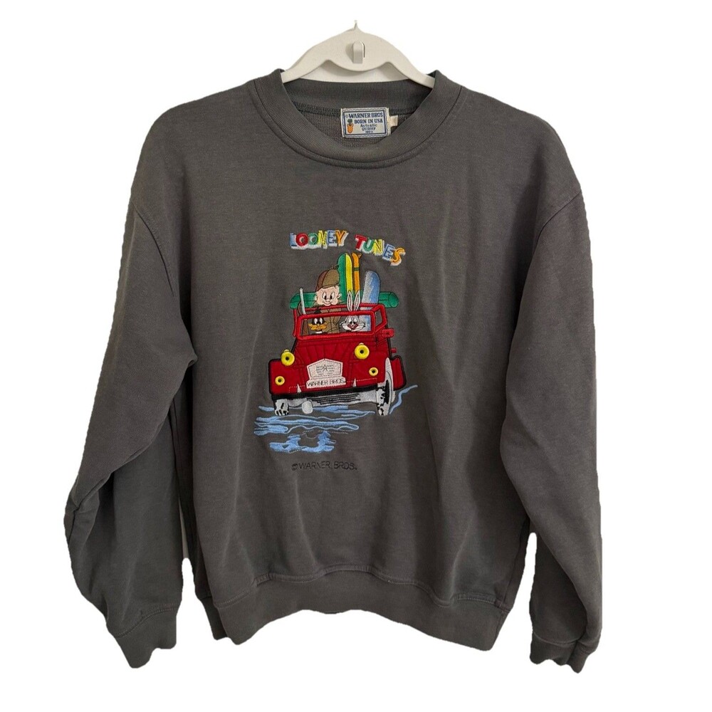 Vintage Looney Tunes Warner Bros Sweater Medium Gray Embroidered Unisex USA